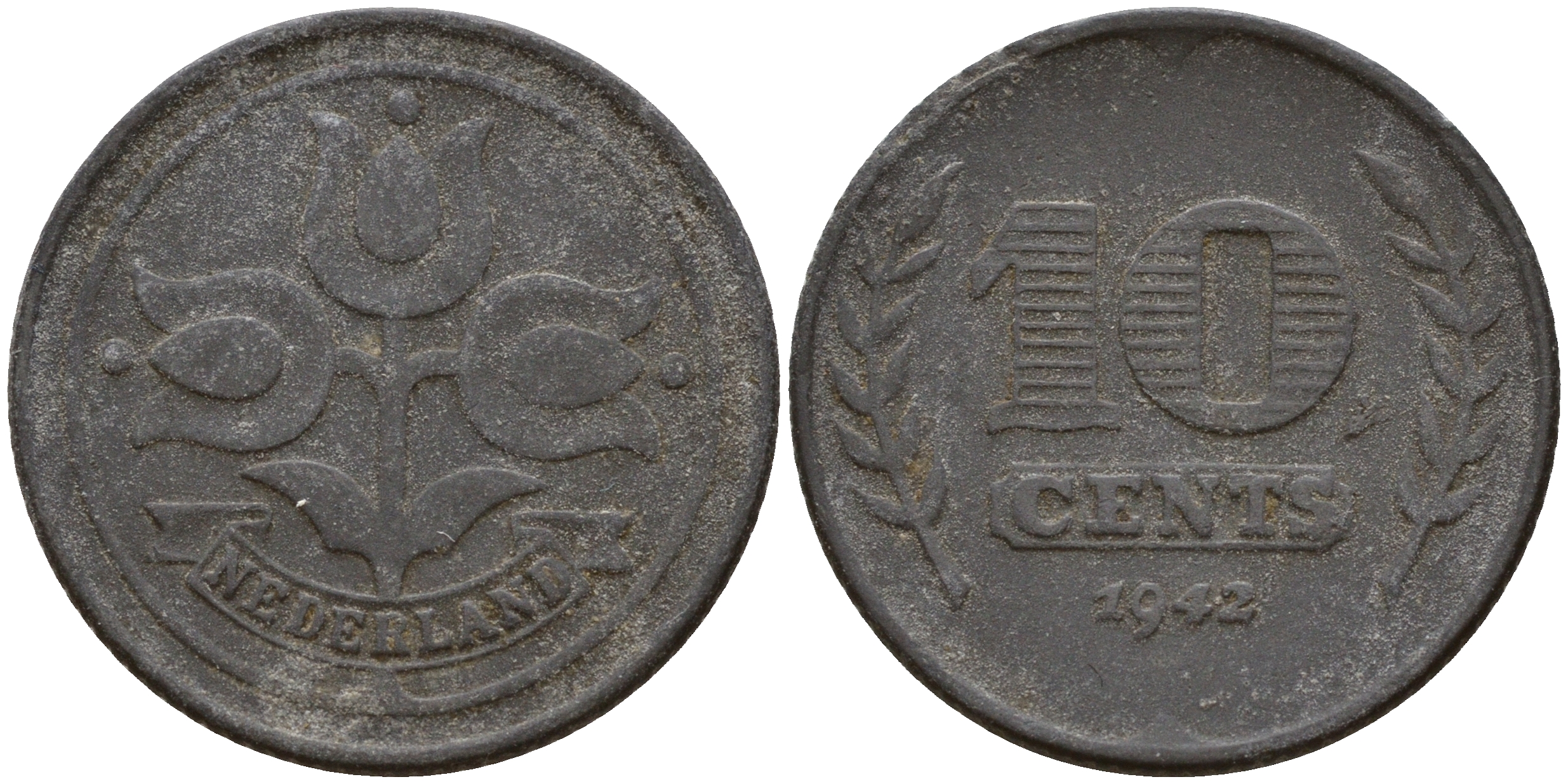 Нидерланды 10 центов 1942 Вильгельмина I (1890-1948) KM 173 цинк    4601-1043