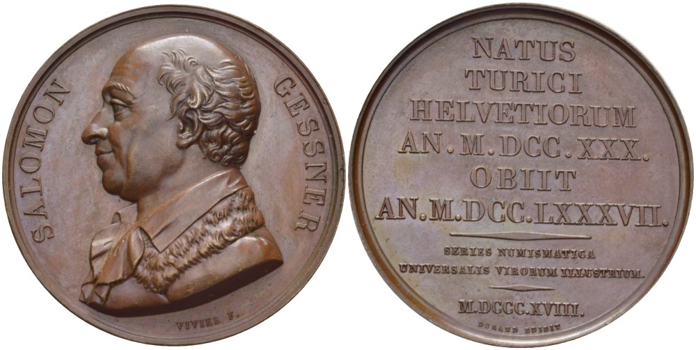 ФРАНЦИЯ МЕДАЛЬ ND СОЛОМОН ГЕССНЕР (1730-1787) ШВЕЙЦАРСКАИЙ ХУДОЖНИК И ПОЭТ, ДИАМЕТР 41 ММ., МЕДАЛЬЕР VIVIER бронза 1088-2-11