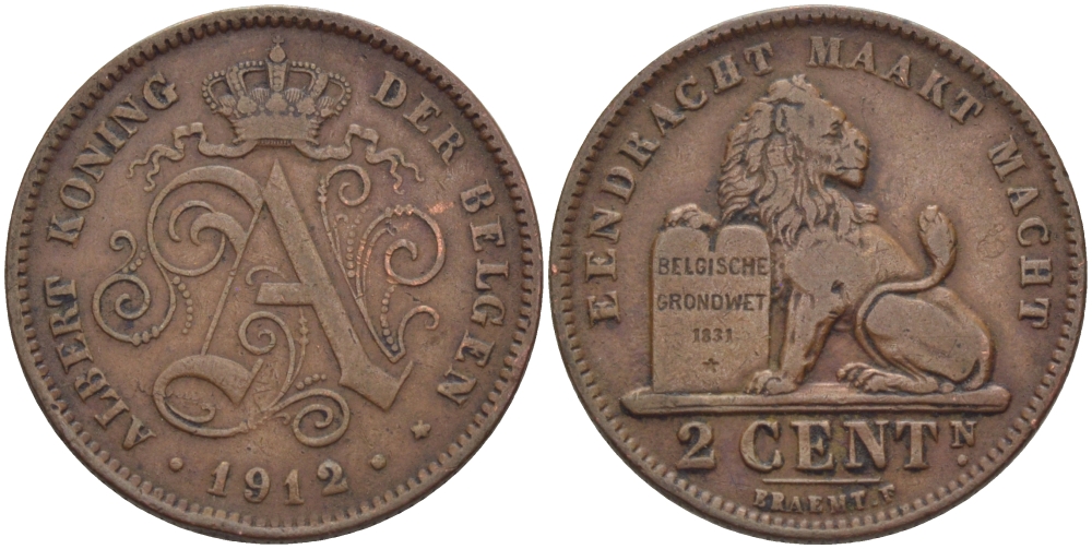 БЕЛЬГИЯ 2 САНТИМА 1912 BELGEN KM 65 медь 28-235