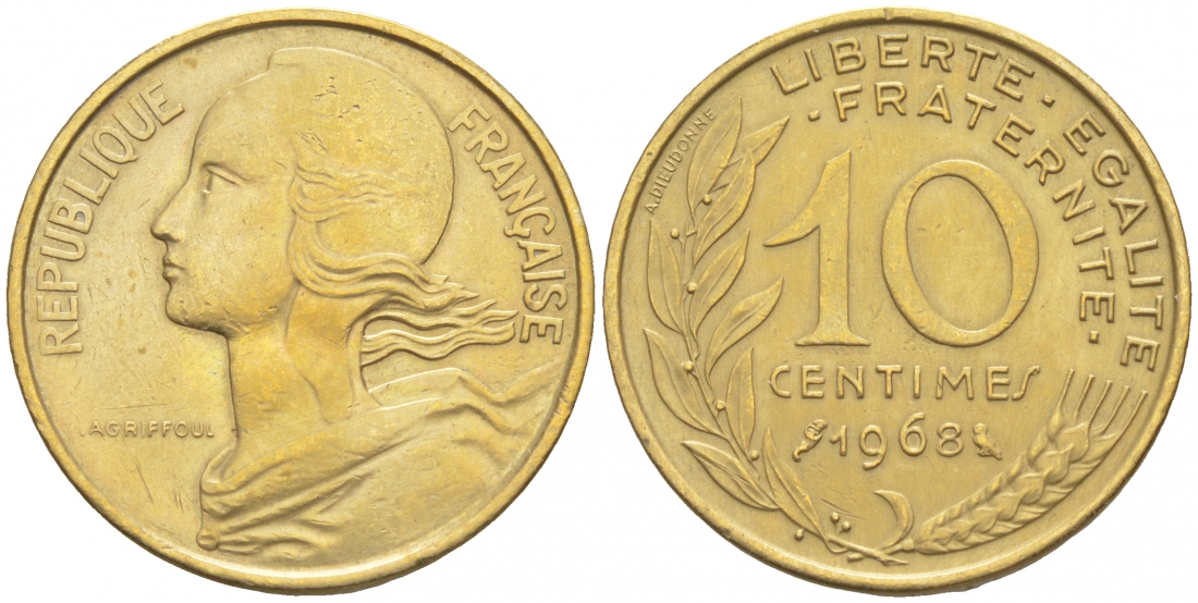 ФРАНЦИЯ 10 САНТИМОВ 1968 ТИП MARIANNE KM 929, LE FRANC 144.8 алюминиевая бронза 44-1011