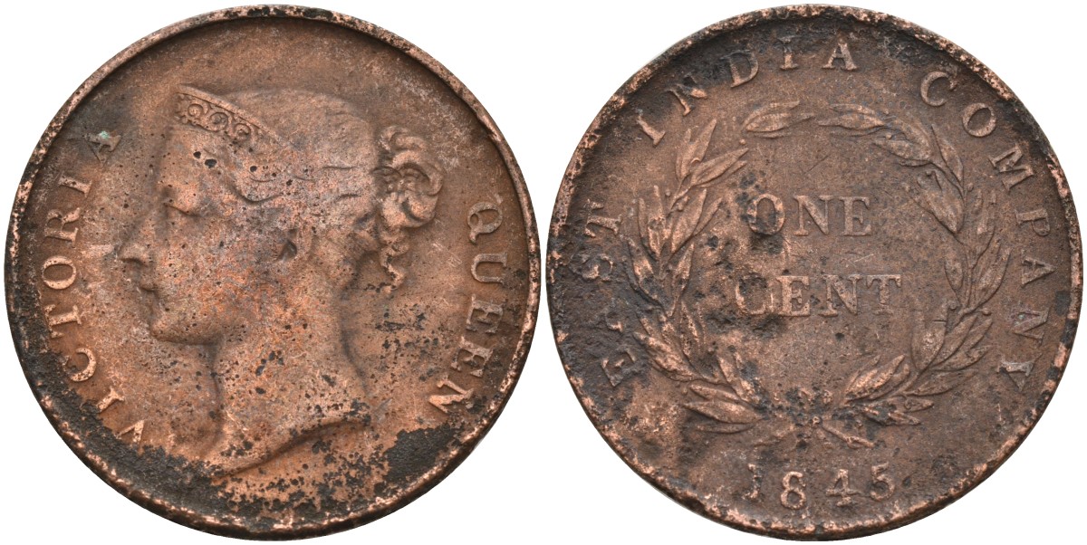 Стрейтс-Сетлментс 1 цент 1845 Виктория (1837-1901), Ост-Индская компания KM 3 медь 4590-123
