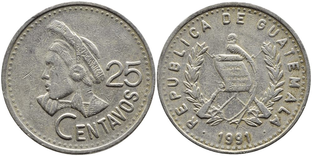 Гватемала 25 сентаво 1991 большая голова, Республика Гватемала KM 278.5 медно-никель 4389-423
