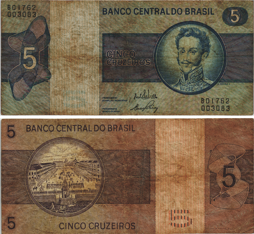 БРАЗИЛИЯ 5 КРУЗЕЙРО 1973 СЕРИЯ В 1762, ПОДПИСЬ 17, ПЕДРУ I, ИМПЕРАТОР БРАЗИЛЬСКОЙ ИМПЕРИИ Pick 192b бумага 8605-46-2-2