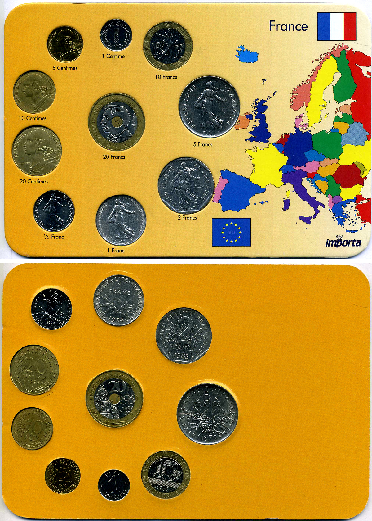 Франция набор из 10 монет 1967-2000 в картонном буклете 3-6-2-39