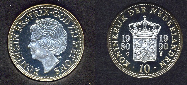 НИДЕРЛАНДЫ МЕДАЛЬ 1990 10 ЛЕТ ПРАВЛЕНИЯ КОРОЛЕВЫ БЕАТРИКС, 22,5 мм. 6 гр., БУКЛЕТ серебро PROOF 7-6-48