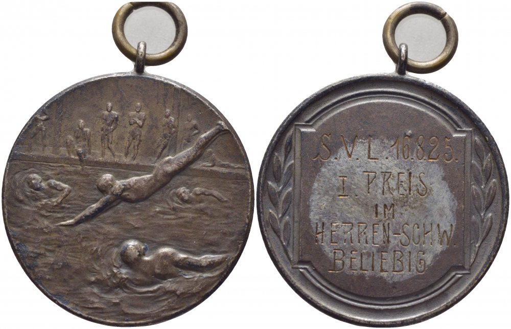 ГЕРМАНИЯ МЕДАЛЬ 1925 ПОБЕДИТЕЛЮ В ПЛАВАНЬЕ, С КОЛЬЦОМ ДЛЯ НОСКИ, ДИАМЕТР 33,5 ММ. ВЕС 163,8 ГР. железо 1084-4-54
