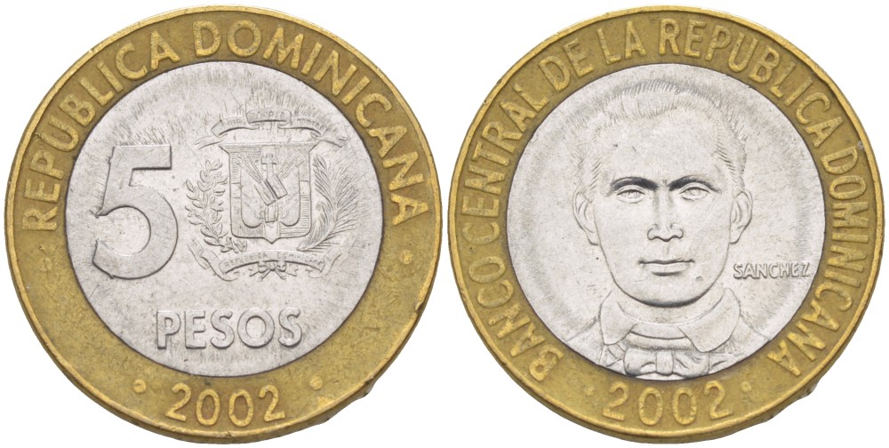 Доминиканская республика 5 песо 2002 Санчес KM 89 биметалл 4541-1117