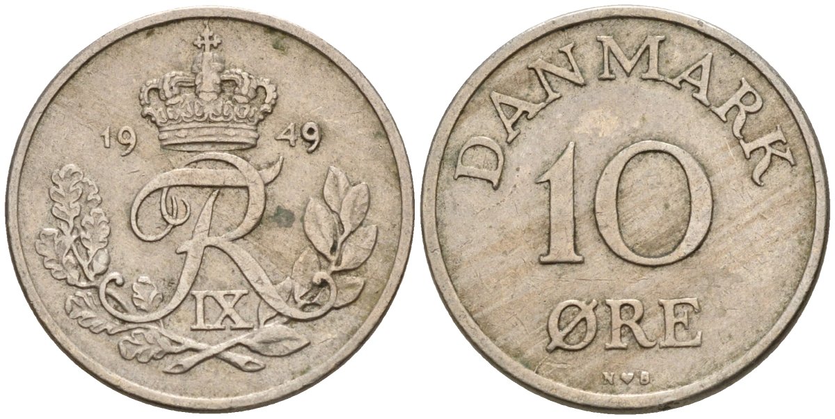 Дания 10 эре 1949 Фредерик IX (1947-1972) KM 841 медно-никель 4147-547