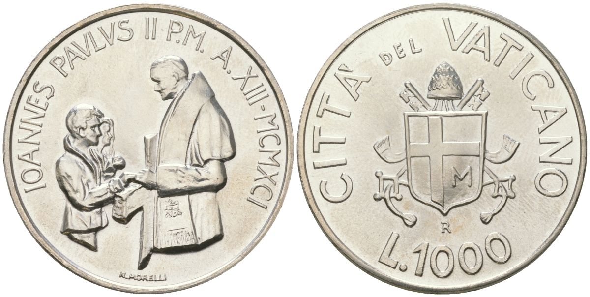 Ватикан 1000 лир 1991 Иоанн Павел II (1978-2005) KM 234 серебро UNC 32-1236