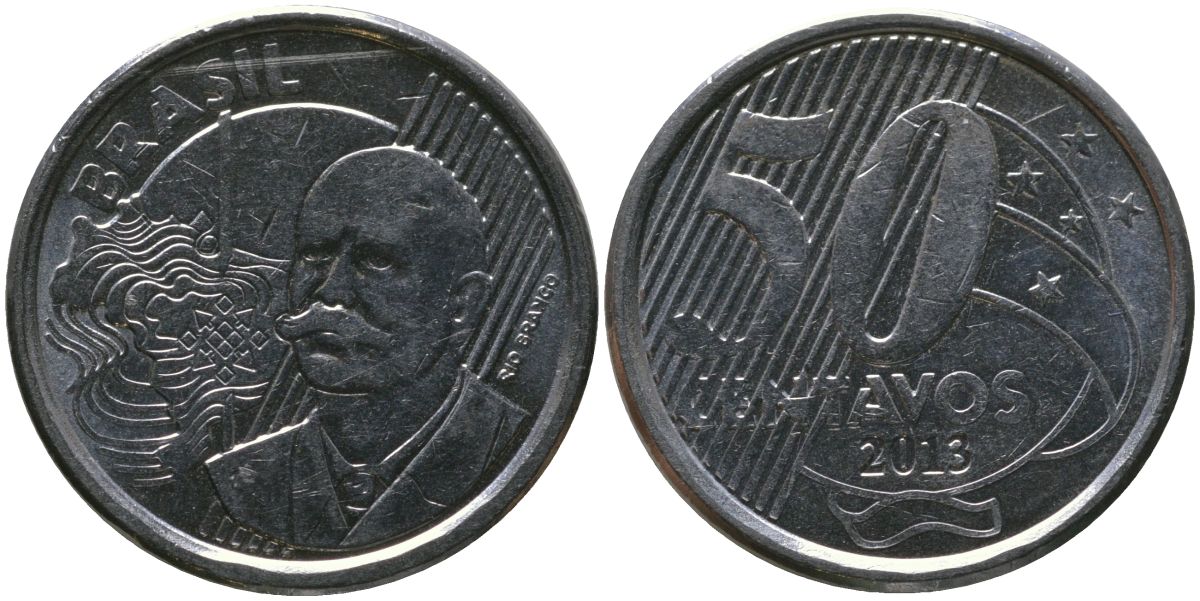 Бразилия 50 сентаво 2013 KM 651a, Schon 159a, Bentes 780 нержавеющая сталь 4523-613