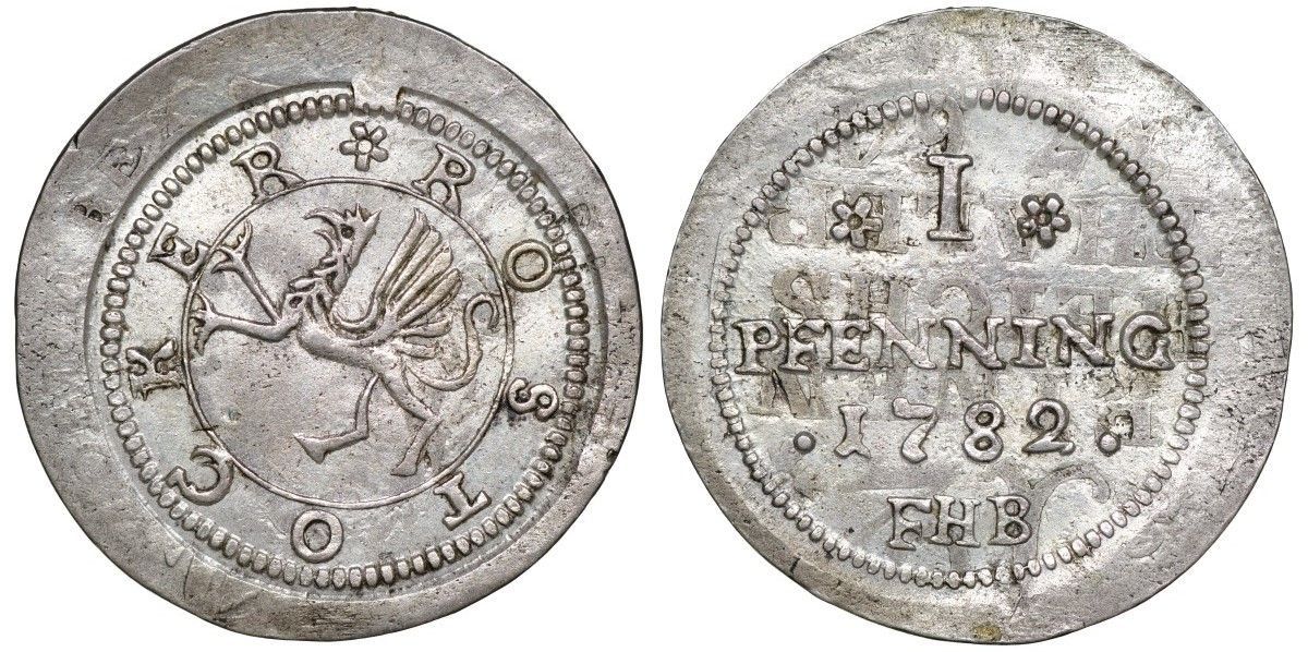 Росток 1 пфенниг 1782 FHB, надчеканка на 1/12 талера 1764, вес 3,7 гр, диаметр 24,5 мм, редчайший экземпляр KM Pn2 серебро    00-811-13