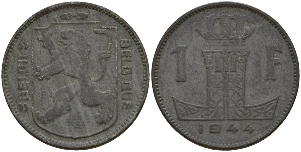 Бельгия 1 франк 1944 Belgie - Belgique, Леопольд III (1934-1947), германская оккупация, Вторая мировая война KM 128 цинк 4161-541