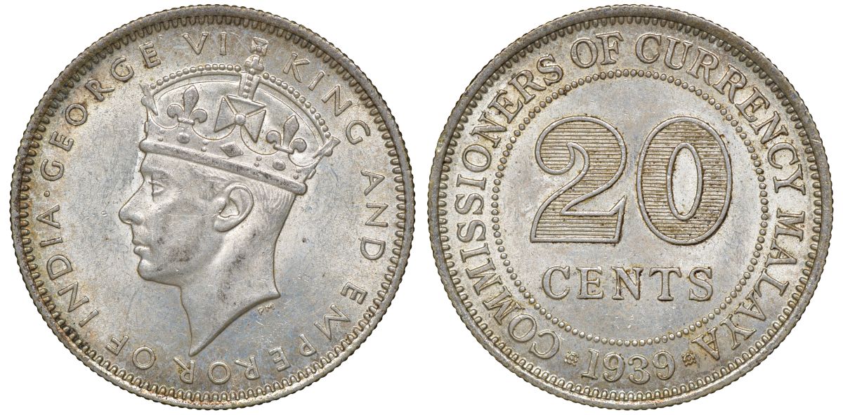 Британская Малайя 20 центов 1939 Георг VI (1937-1952) KM 5 серебро 53-346