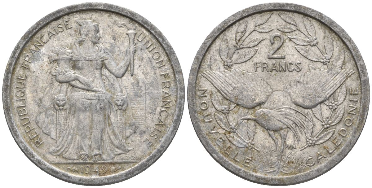 Французская Новая Каледония 2 франка 1949 птица кагу, (IEOM) KM 3, Schoen 3, Lec 55 алюминий    27-251