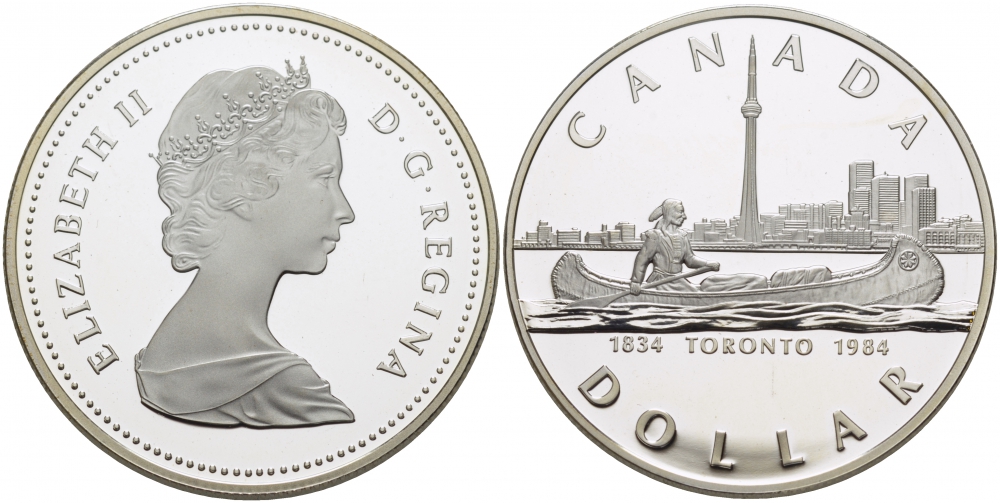 Канада 1 доллар 1984 150 лет Торонто, каноэ KM 140 серебро PROOF 1099-2-34