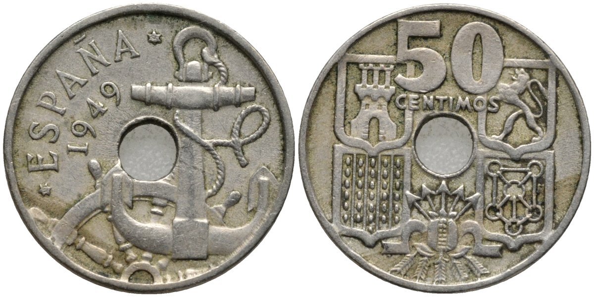 Испания 50 сентимо 1949 (54) Франсиско Франко (1939-1975), морская атрибутика KM 777 медно-никель 4171-426