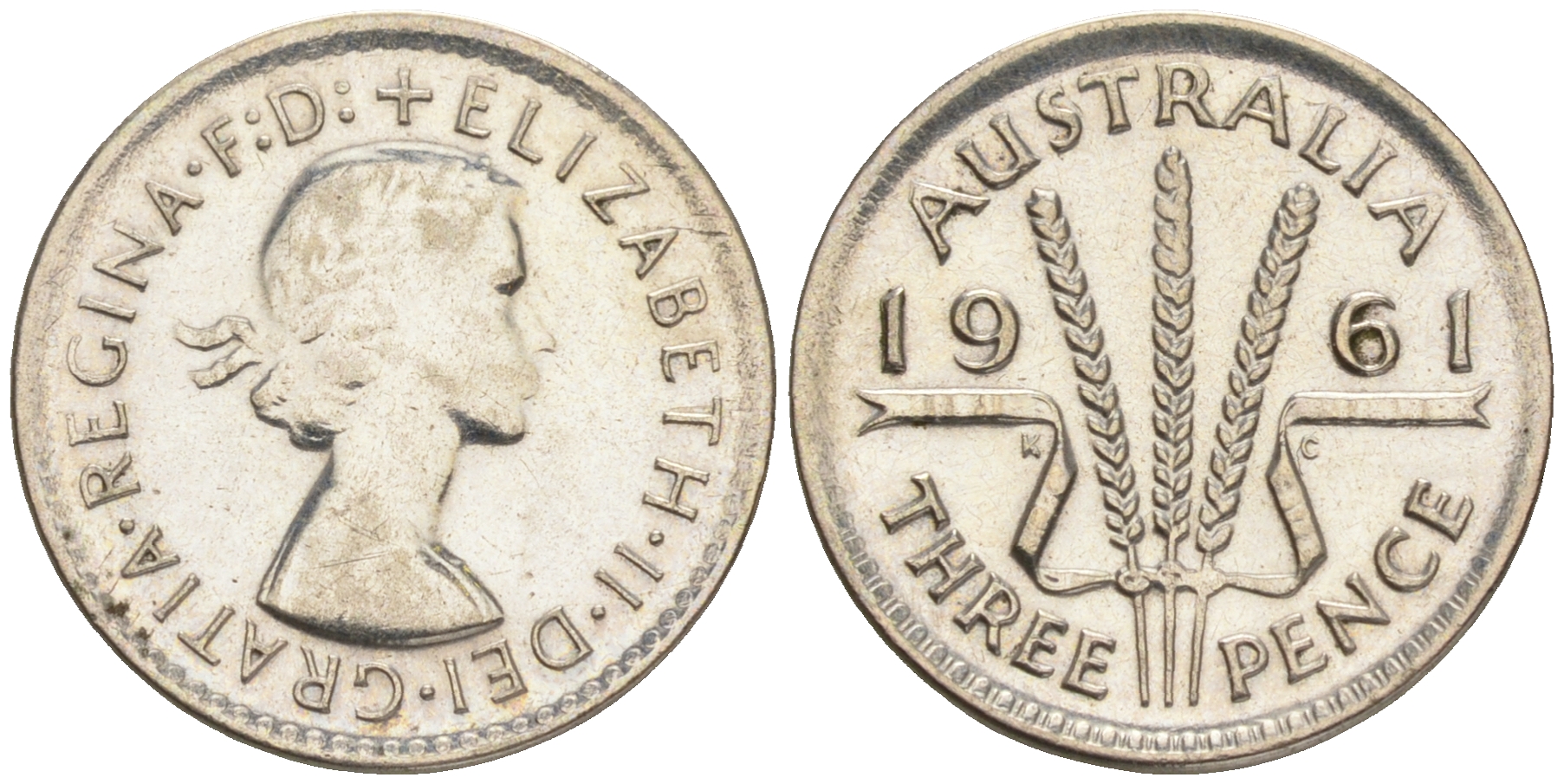 Австралия 3 пенса 1961 m, Елизавета II (1952-2022) KM 57 серебро 192-115