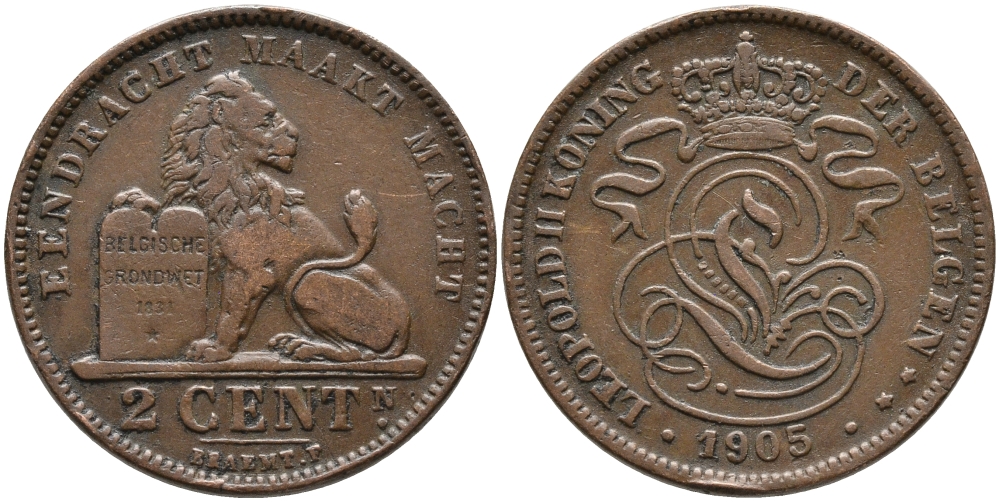БЕЛЬГИЯ 2 САНТИМА 1905 BELGEN KM 36 медь 4391-356