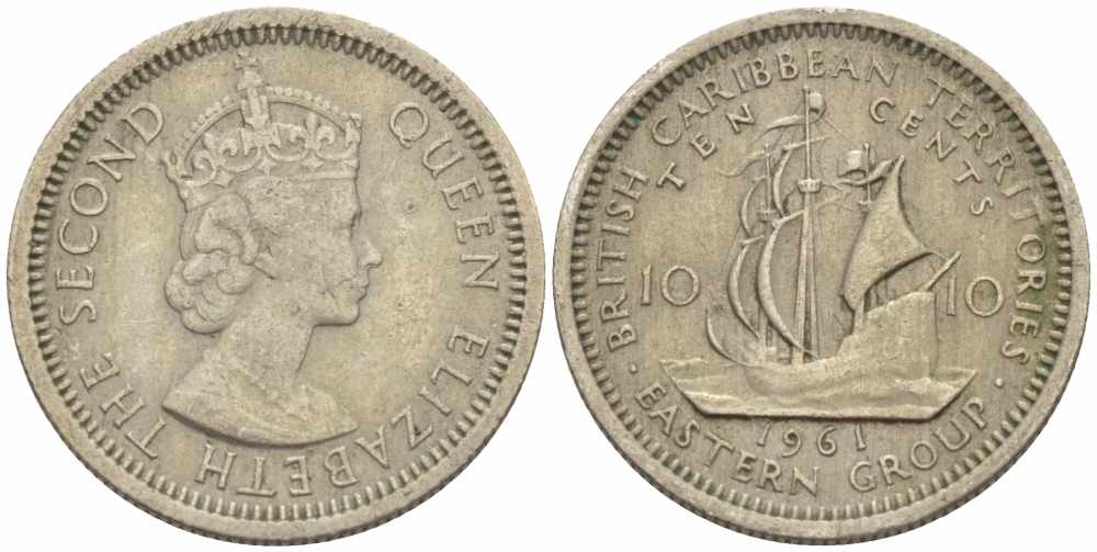 Британские Восточно-Карибские территории 10 центов 1961 Елизавета II (1952-2022), парусник KM 5 медно-никель 105-523