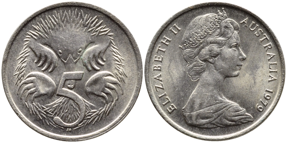 АВСТРАЛИЯ 5 ЦЕНТОВ 1979 ЕЛИЗАВЕТА II, МОЛОДОЙ ПОРТРЕТ, ЕХИДНА KM 64 медно-никель 4392-132