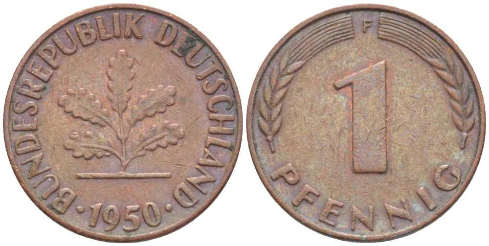 ФРГ 1 ПФЕННИГ 1950 F KM 105, J. 380 сталь плакированная медью 116-348
