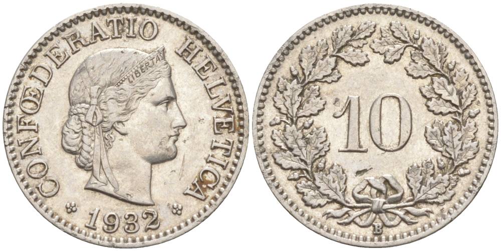 Швейцария 10 раппенов 1932 B KM 27b никель     3309-623