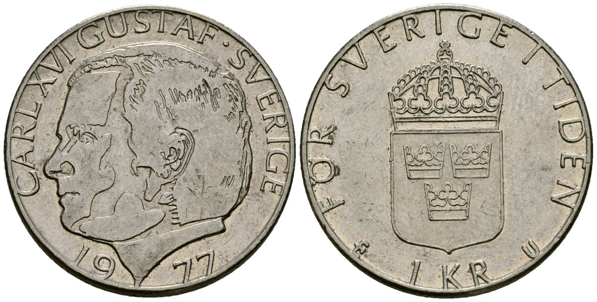 Швеция 1 крона 1977 Карл XVI Густав (1973- ) KM 852 медь плакированная медно-никелем 4171-1232