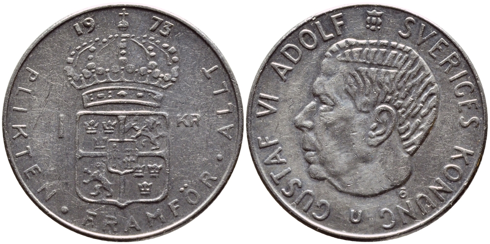 Швеция 1 крона 1973 Густав VI Адольф (1950-1973) KM 826а медь плакированная медно-никелем 4395-526