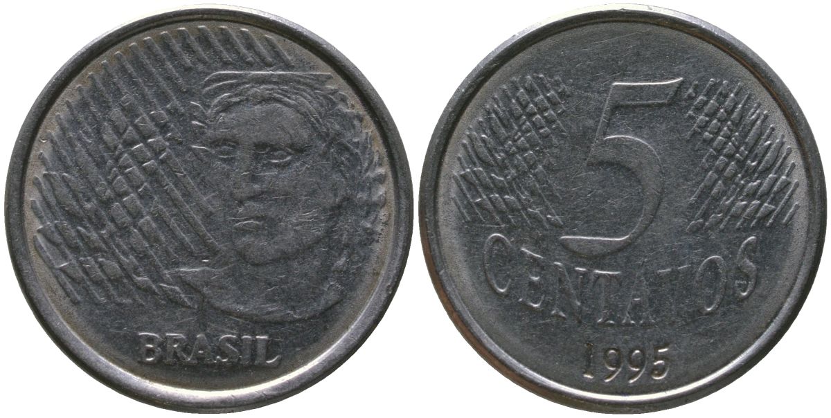 Бразилия 5 сентаво 1995 KM 632, Schon 141 нержавеющая сталь 4519-631