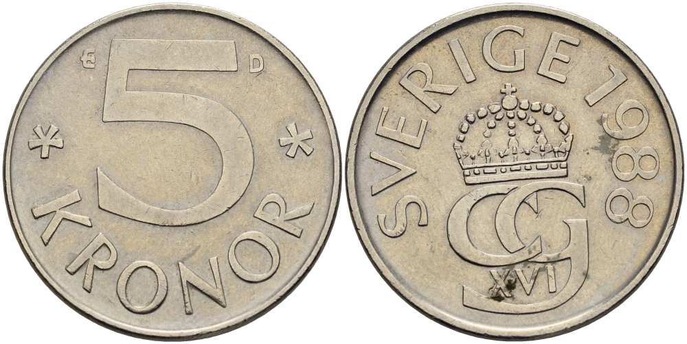 Швеция 5 крон 1988 D, Карл XVI Густав (1973- ) KM 853 медно-никель 4517-525