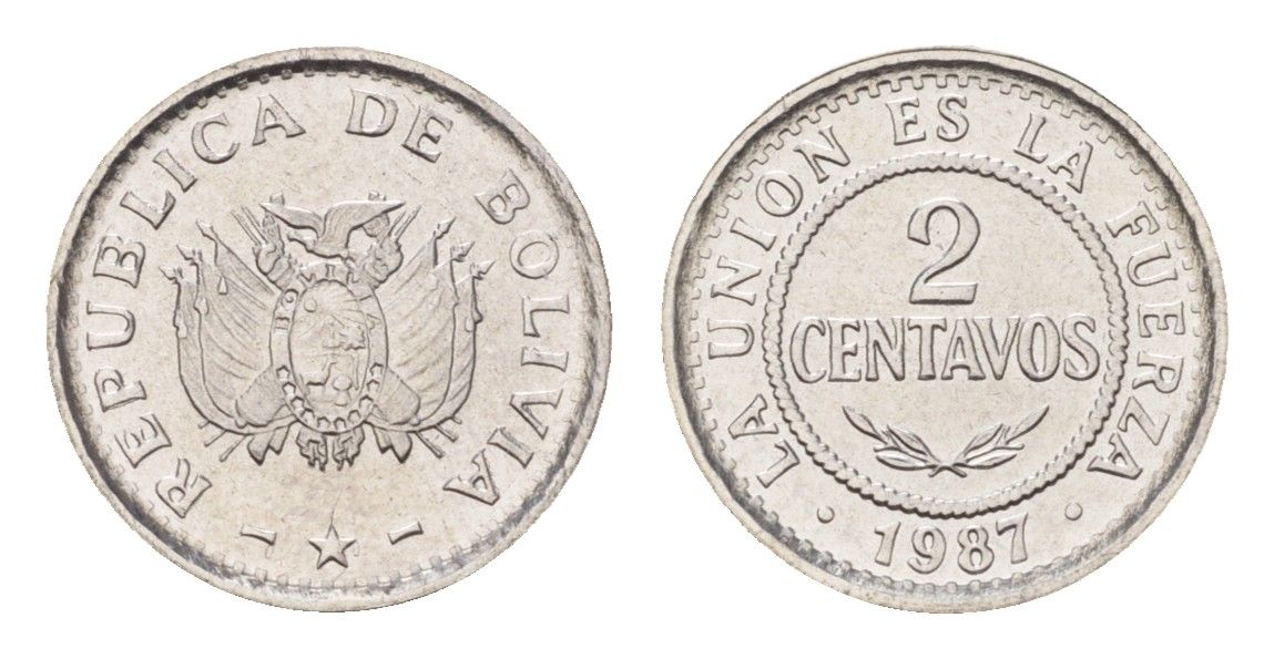Боливия 2 сентаво 1987 год-тип KM 200 нержавеющая сталь UNC 4685-544