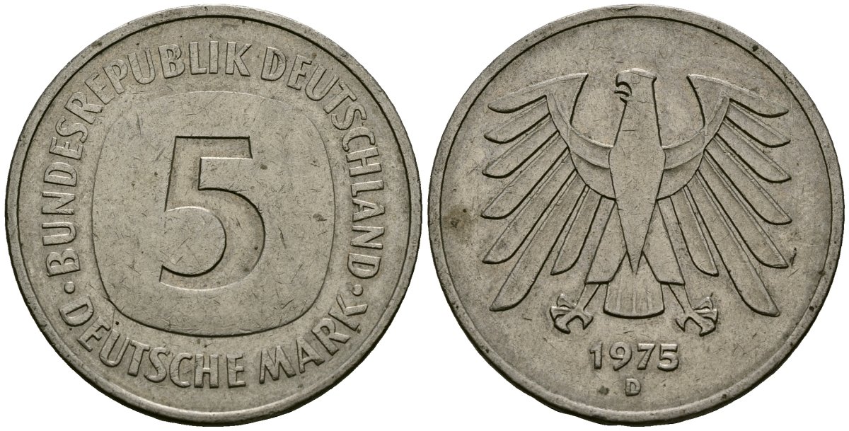 ФРГ 5 марок 1975 D, монетный двор Мюнхен КМ 140.1, J. 415 медно-никель плакированный никелем 4120-911