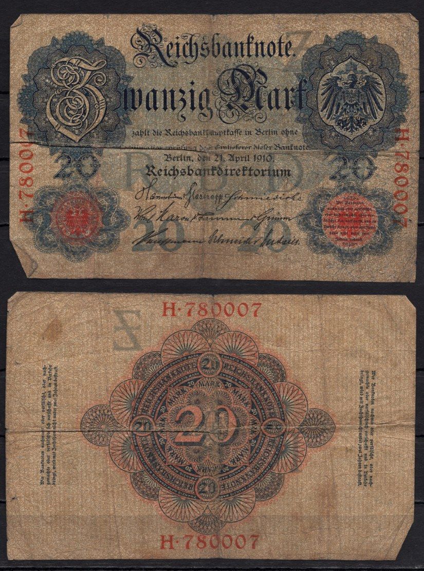 Германия 20 марок 1910 Pick 40 a бумага 6293-54-2-2