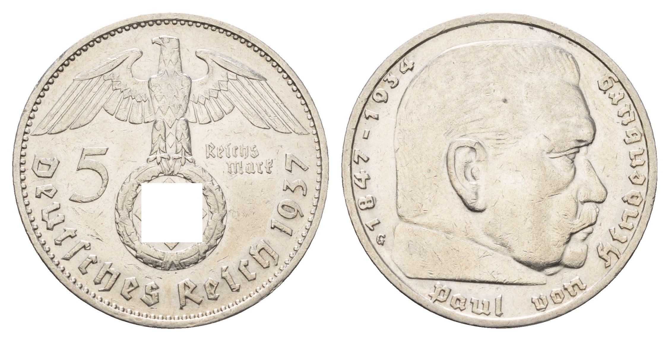 Германия 5 рейхсмарок 1937 G, Пауль фон Гинденбург (1847-1934) KM 94, J. 367 серебро 1518-1322