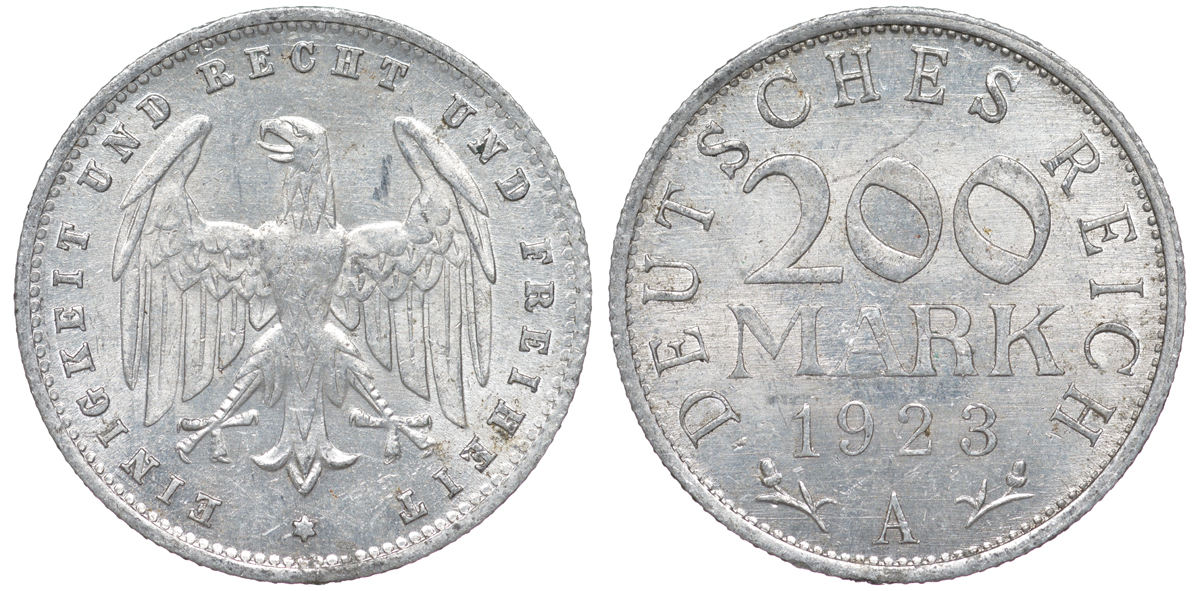 Германия 200 марок 1923 A KM 35, J. 304, Weege 22 алюминий 4604-554