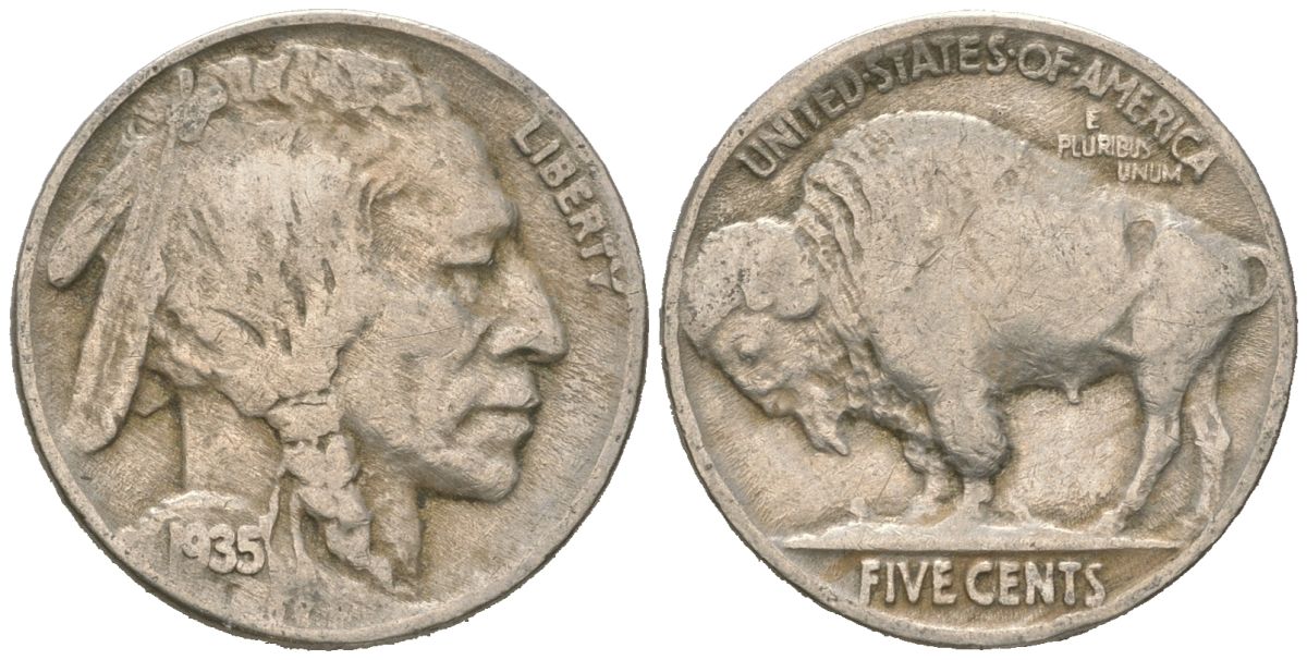 США 5 центов 1935 индеец, бизон KM 134 медно-никель 4614-1165