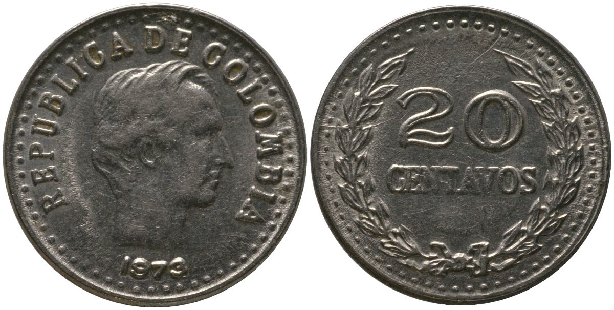 Колумбия 20 сентаво 1973 KM 246.1 сталь плакированная никелем 4529-757