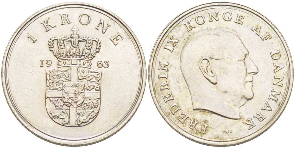 ДАНИЯ 1 КРОНА 1963 C;S, ФРЕДЕРИК IX (1947-1972) KM 851.1 медно-никель 202-811