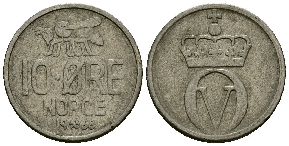 Норвегия 10 эре 1968 Пчела, Улаф V (1958-1991) KM 411 медно-никель 4136-857