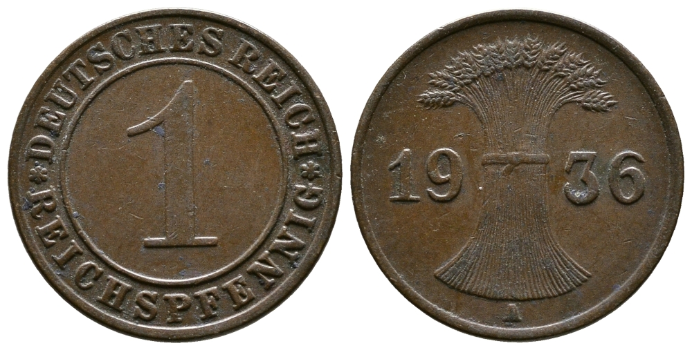 Германия 1 рейхспфенниг 1936 A KM 37, J. 313 бронза 220-158