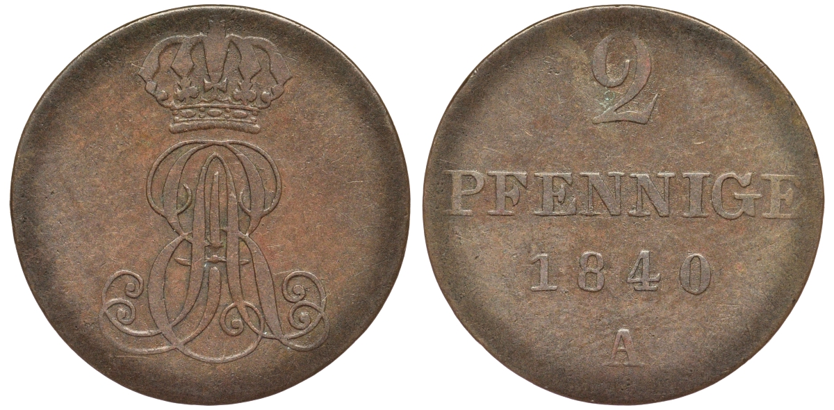 Ганновер 2 пфеннига 1840 A, Эрнст Август (1837-1851) KM 174.1, AKS 122, J. 55 медь 75-1714