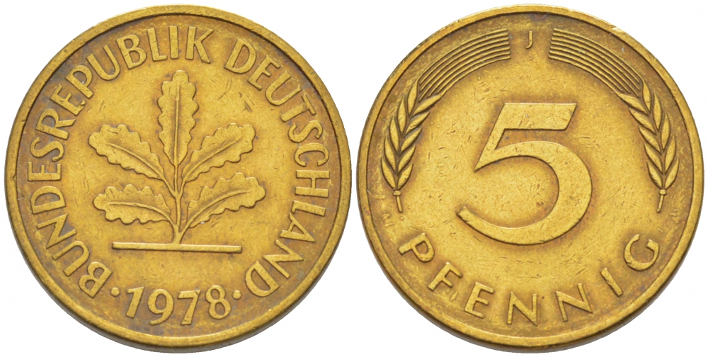 ФРГ 5 ПФЕННИГОВ 1978 J KM 107, J.382 сталь плакированная латунью 4396-1642