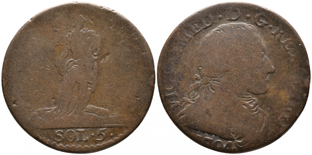 ФРАНЦИЯ, САРДИНИЯ 5 СОЛЬДИ 1794 ВИТОР АМЕДЕО III (1773-1796) KM 51 медь 28-933