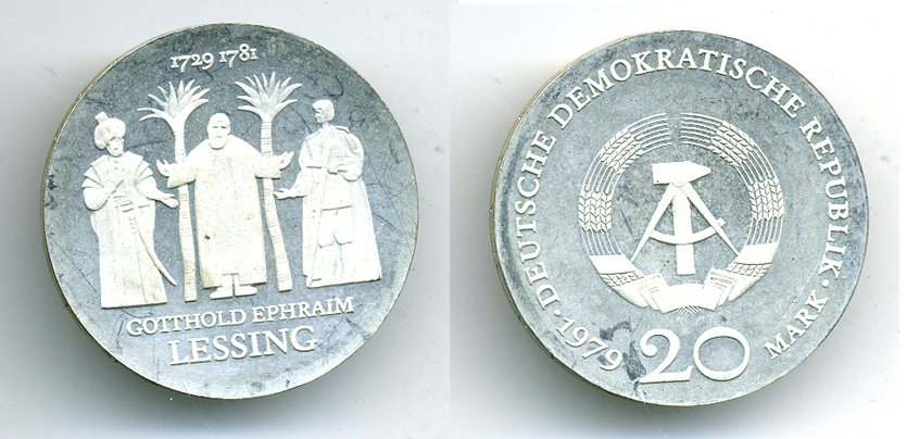 ГДР 20 марок 1979 А, 250 лет со дня рождения Готвальда Лессинга, тираж 4521 экз. KM 74 серебро PROOF 5-3-1-29