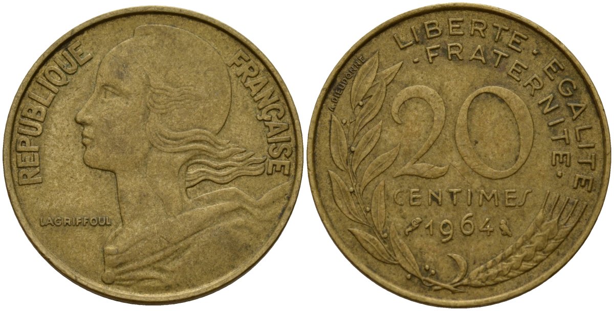 Франция 20 сантимов 1964 KM 930 алюминиевая бронза 4156-656