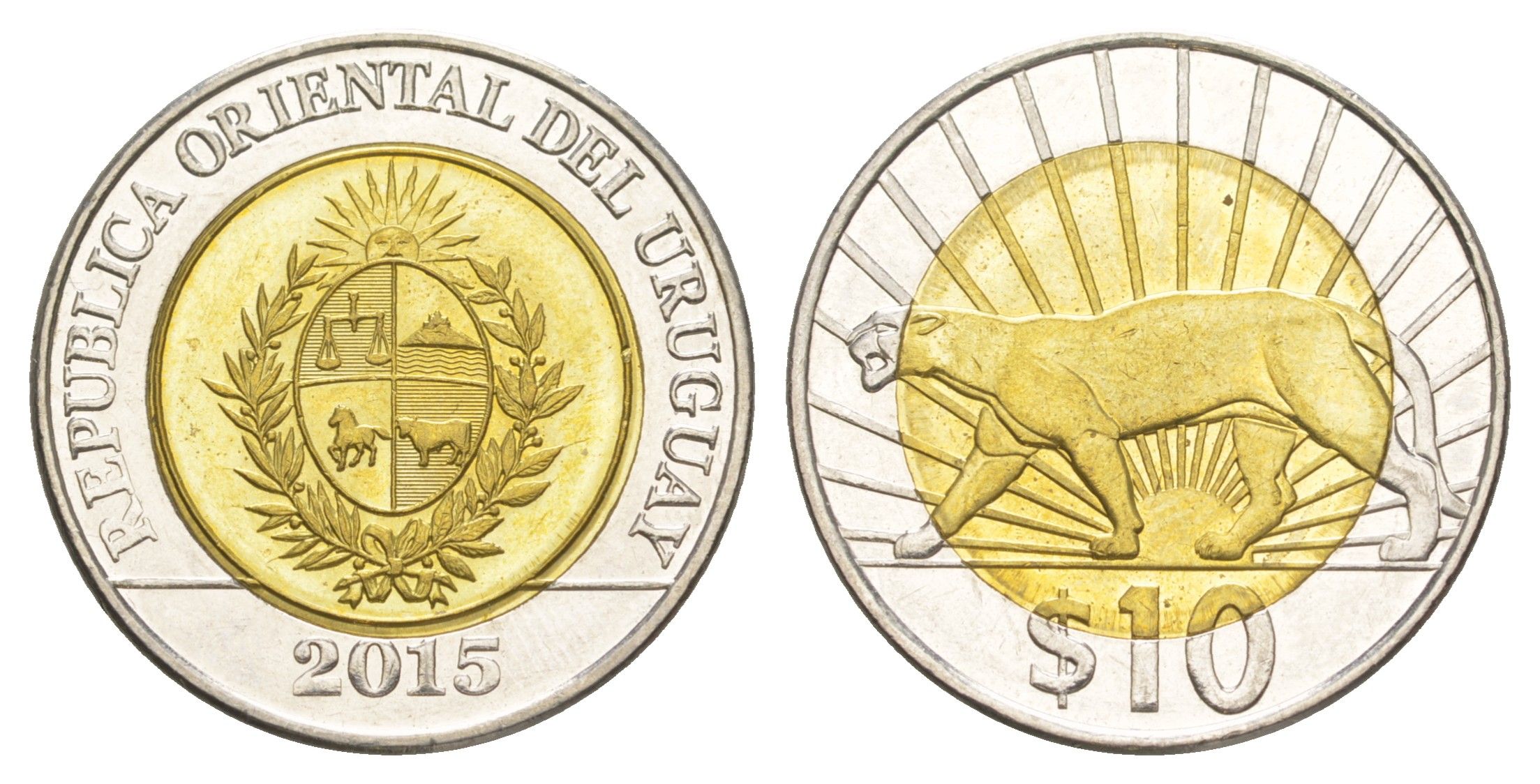 Уругвай 10 песо 2015 KM 134 биметалл UNC 4167-854