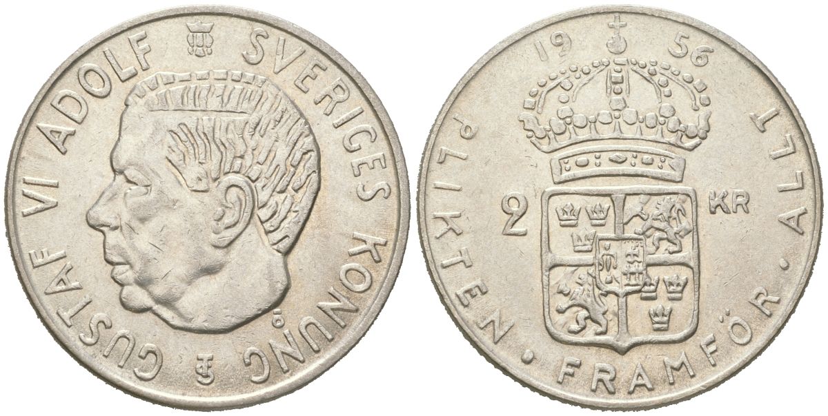 Швеция 2 кроны 1956 TS, Густав VI Адольф (1950-1973) KM 827 серебро aUNC 38-831