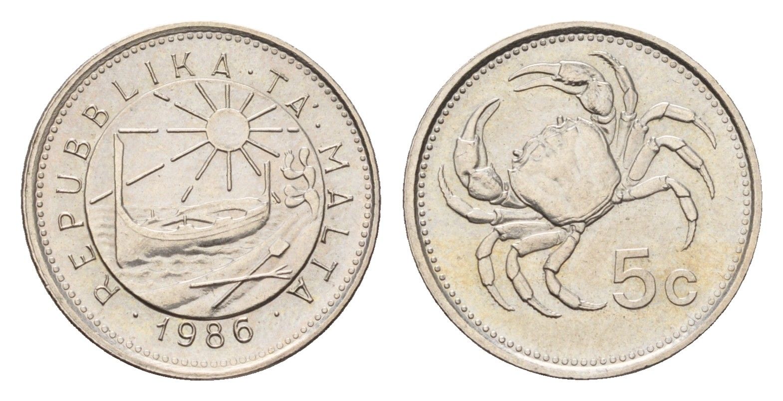 Мальта 5 центов 1986 год-тип, краб KM 77 медно-никель UNC 26-1651