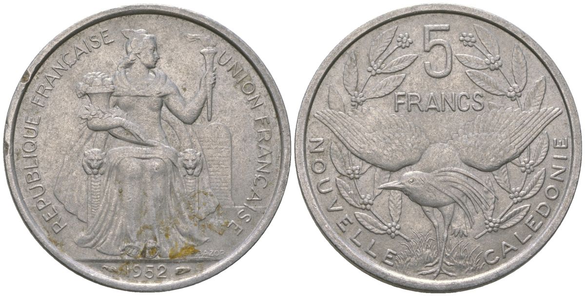 Французская Новая Каледония 5 франков 1952 птица кагу, (IEOM) KM 4, Schoen 4, Lec 71 алюминий 180-316