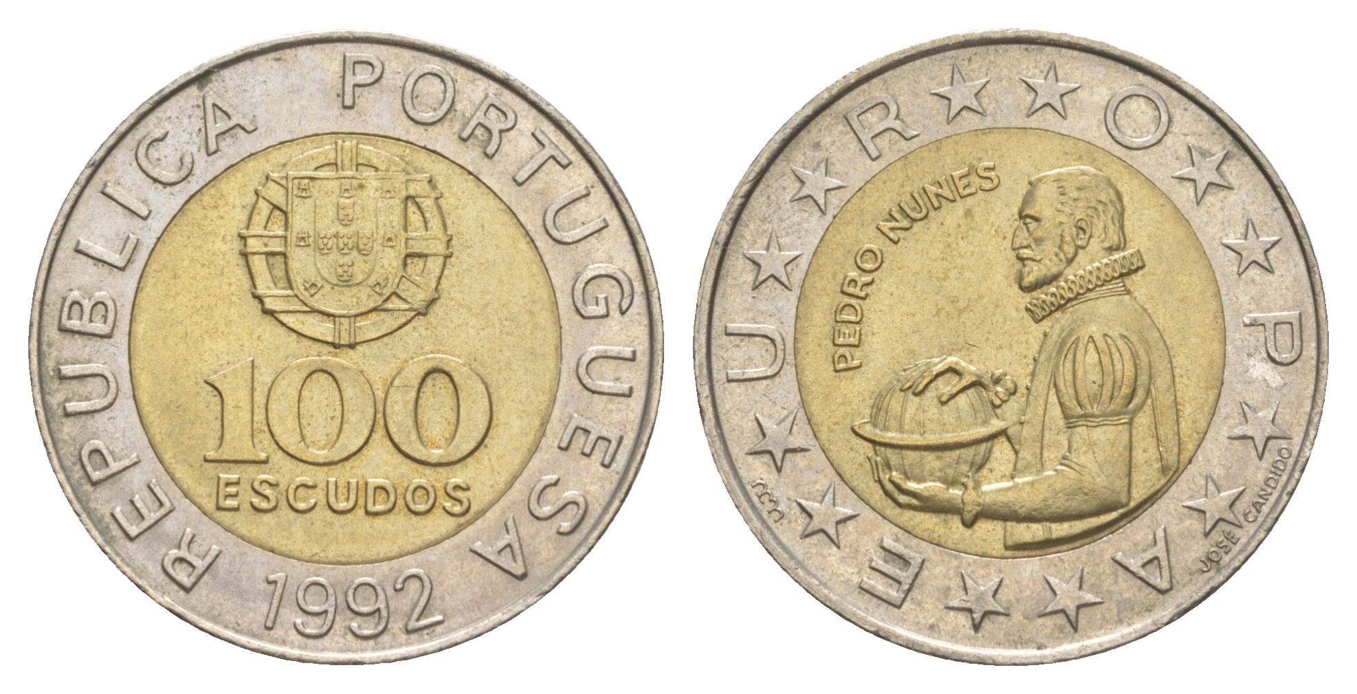 Португалия 100 эскудо 1992 Педру Нуниш (1502-1578), математик KM 645 биметалл aUNC 4390-732